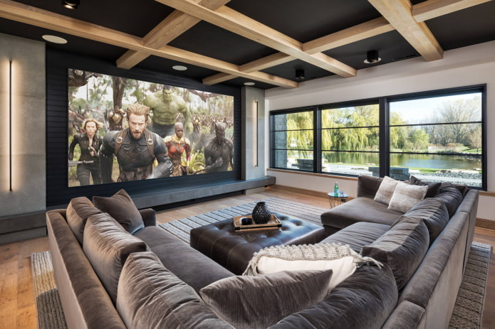 black stretch ceiling between beams in the interior