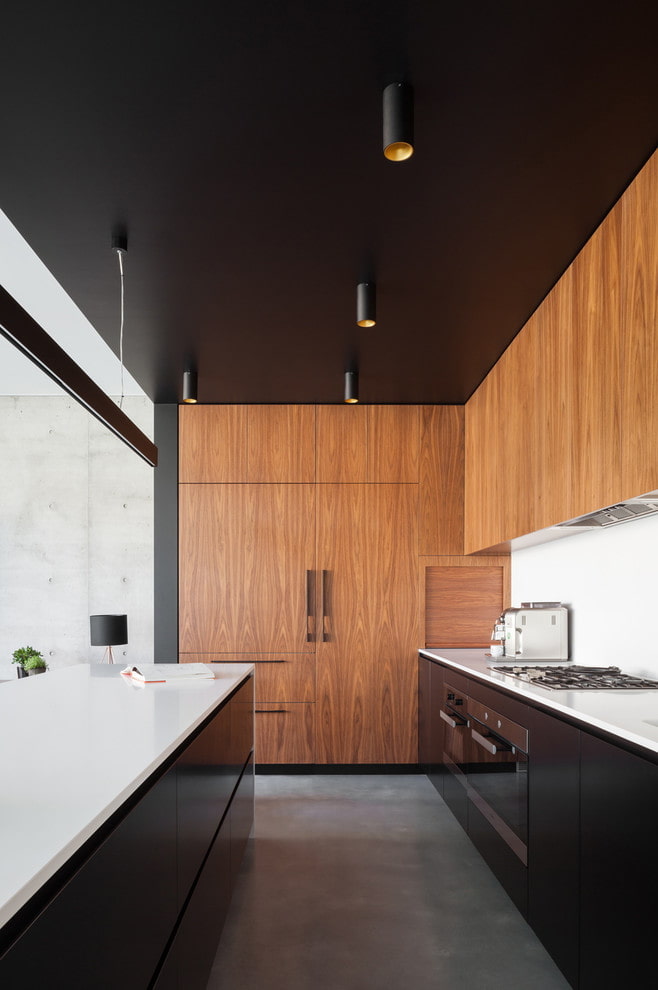 black stretch ceiling in the kitchen
