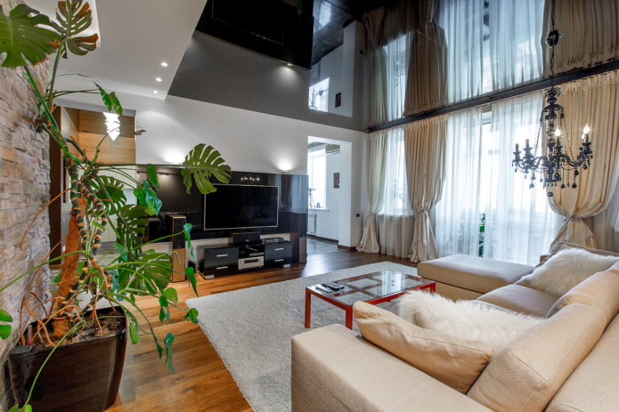 glossy black stretch ceiling in the living room