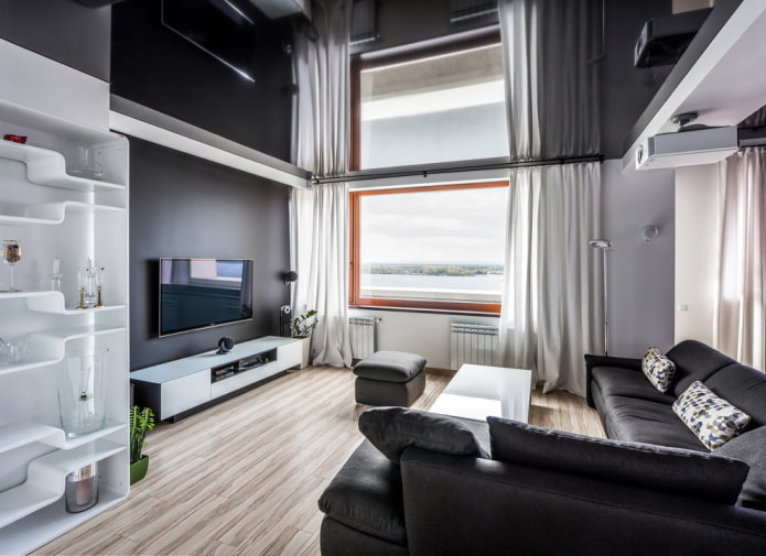 glossy black stretch ceiling in the living room