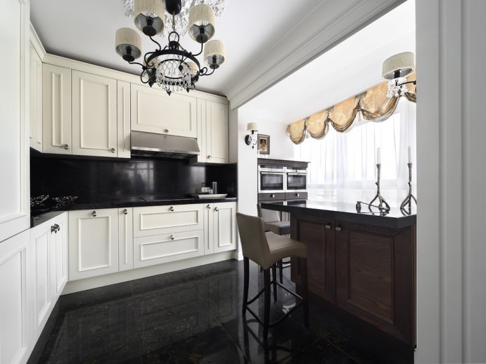 black floor tiles in the kitchen