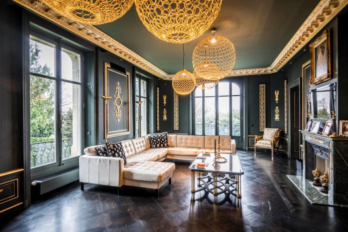 classic style living room with black and gold trim