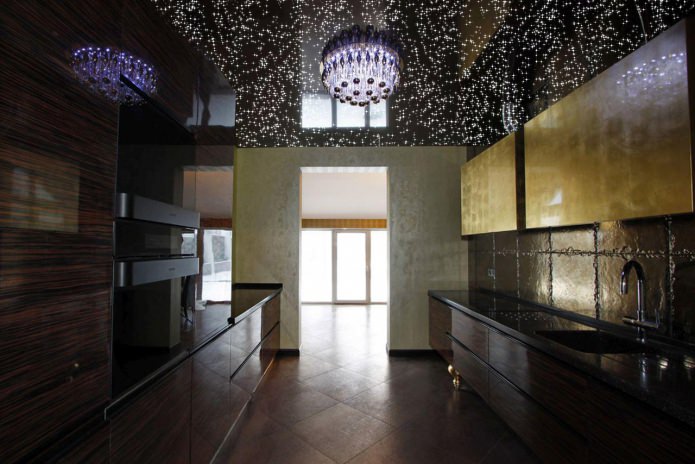 stretched ceiling with the effect of a black starry sky