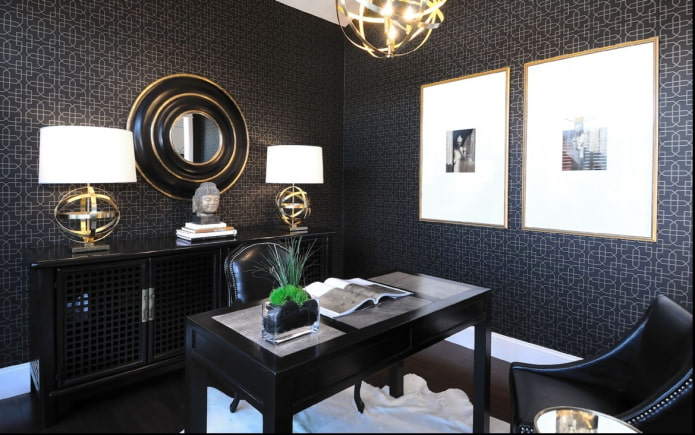 black wallpaper in the study