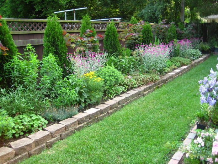 mixed flowerbed by the fence