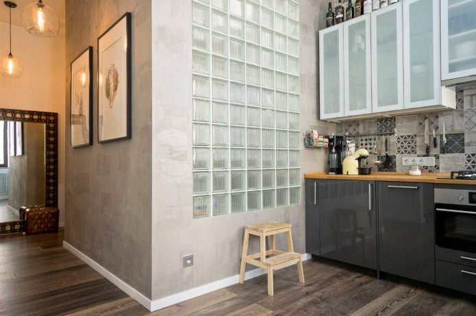 glass blocks between the kitchen and the bathroom
