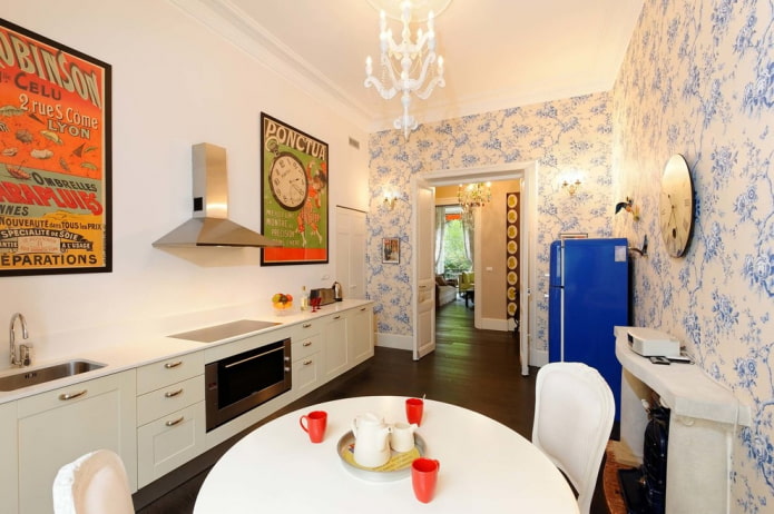 posters on the wall in the kitchen interior