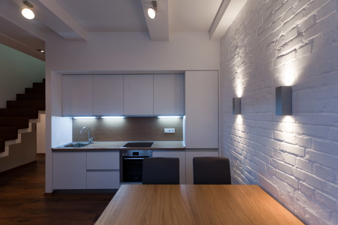 lamps on the wall in the kitchen interior