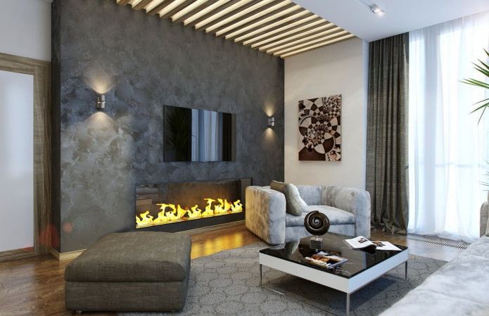plaster on the fireplace in the living room interior