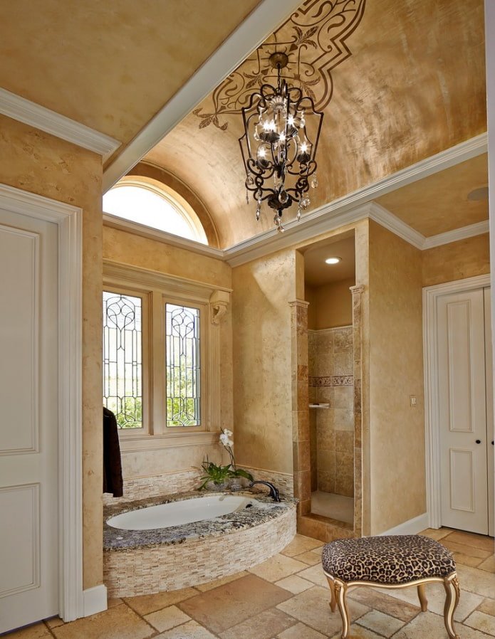 plaster on the ceiling in the bathroom interior