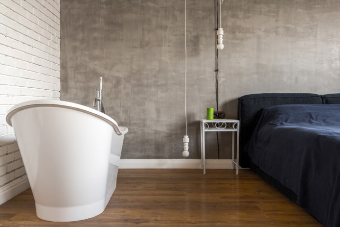 gray plaster in the bedroom interior