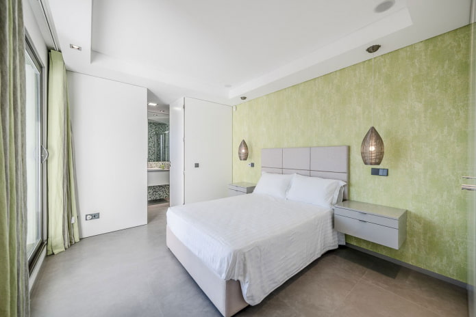 green plaster in the bedroom interior