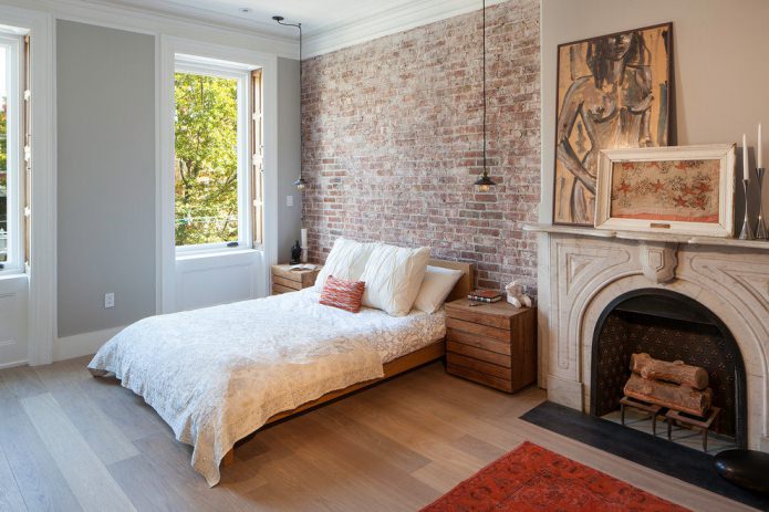 Red brick wallpaper in bedroom design