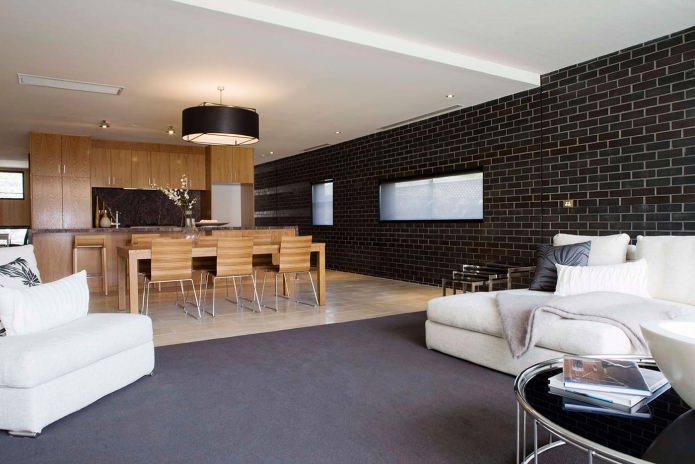 Grey brick wallpaper in the living room interior