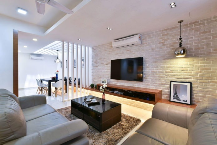 Brick-effect wallpaper in a living room interior