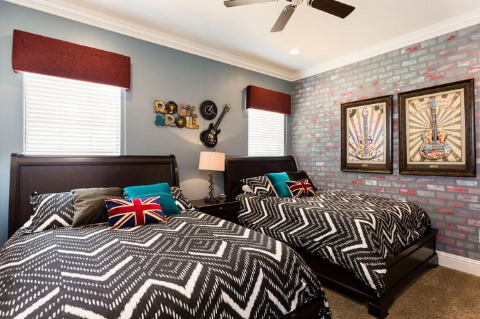 decorating walls in a children's room with brick-like wallpaper