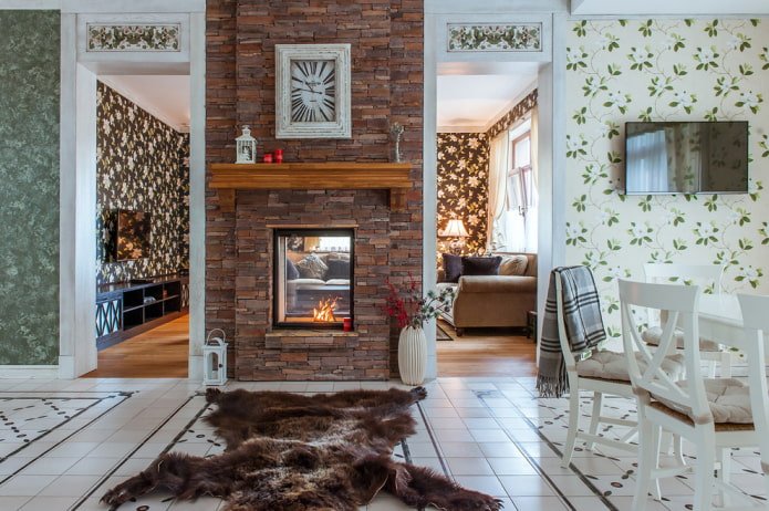 decorative stone finishing of the fireplace in the interior