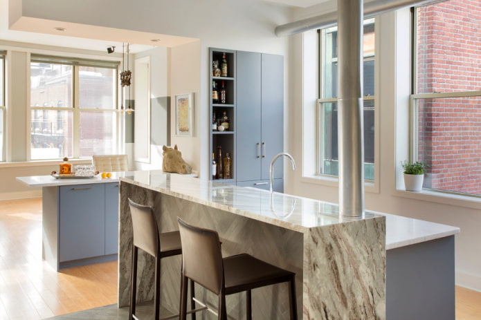 bar counter made of decorative stone in the interior
