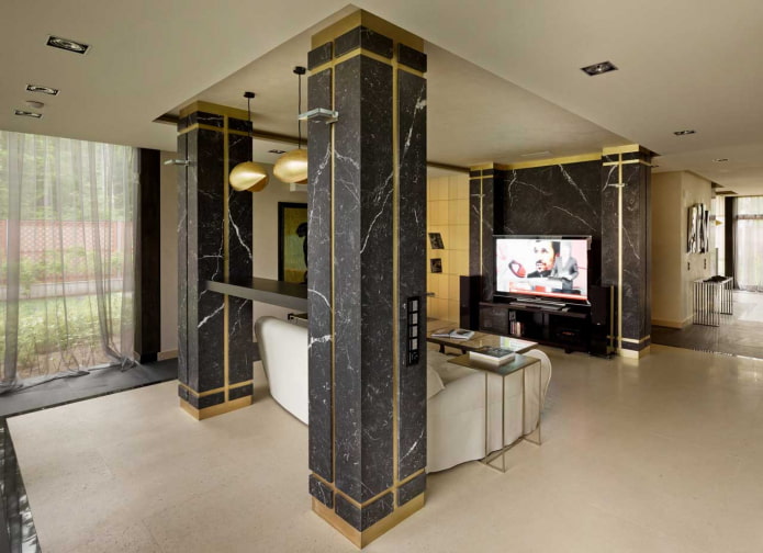decorative stone finishing of columns in the interior