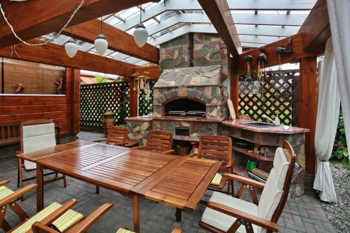 wooden table in the gazebo