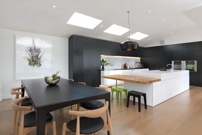 wooden table in the interior in high-tech style