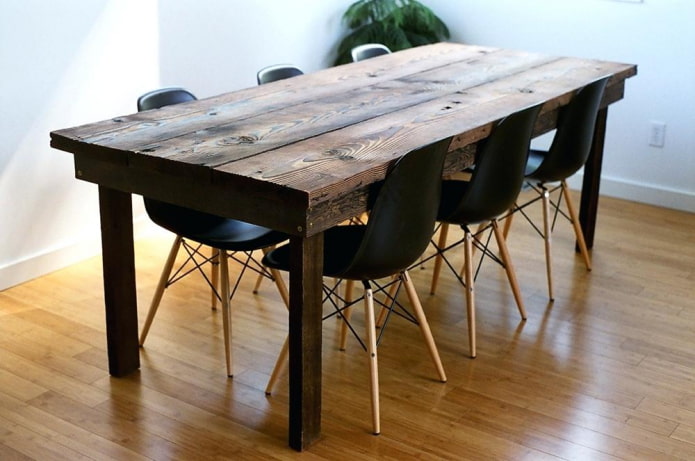 charred wood table in the interior