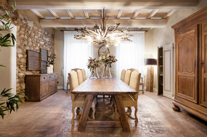 table made of brushed wood in the interior