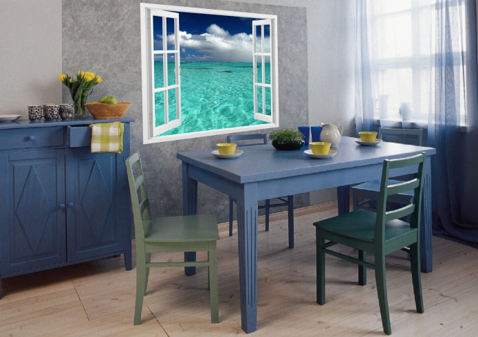 blue wooden table in the interior
