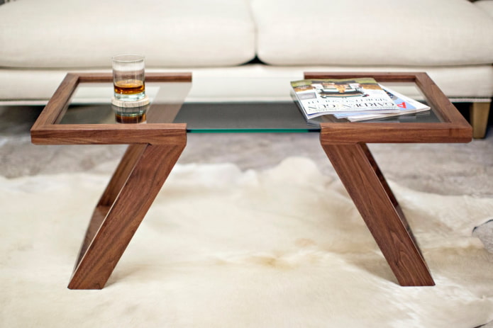 wooden table with glass inserts in the interior