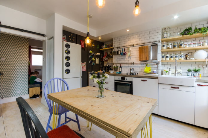 beige wooden table in the interior