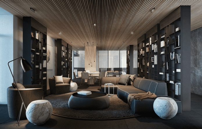 wooden slat ceiling in the living room