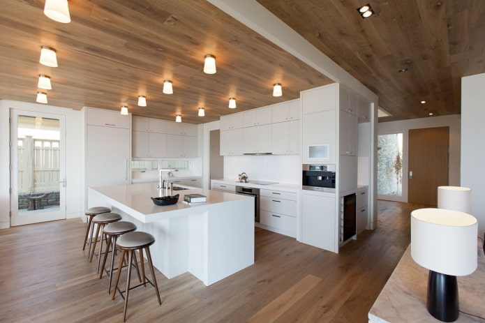 wooden ceiling with decorative bulbs