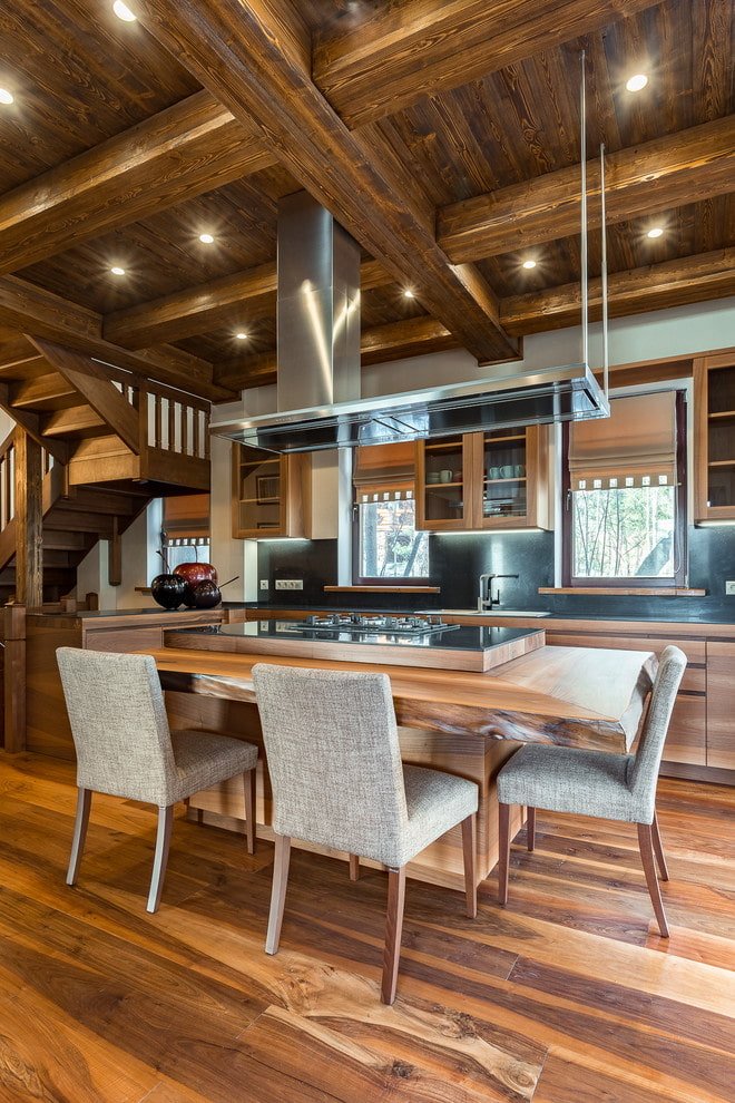 wooden ceiling in the kitchen interior