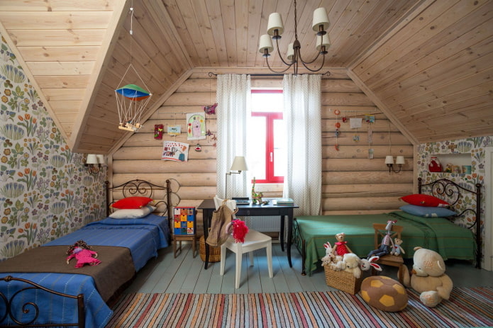 wooden ceiling in the children's room interior