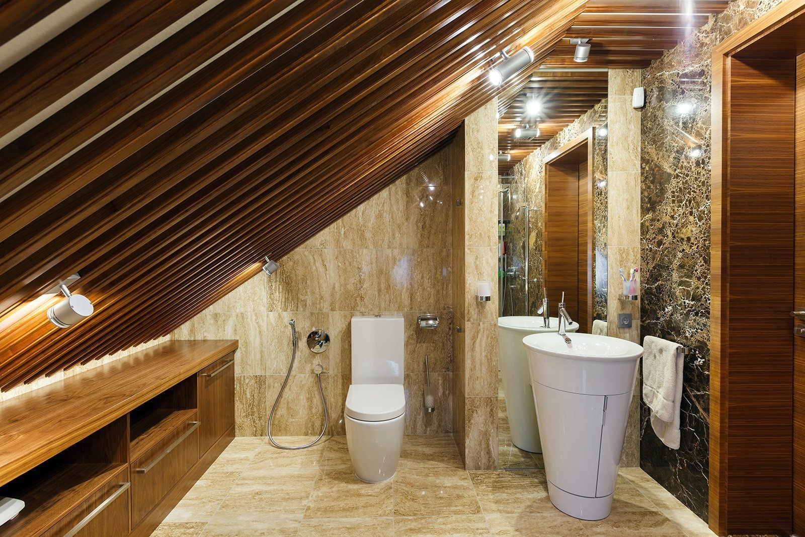 ceiling in the bathroom in the attic