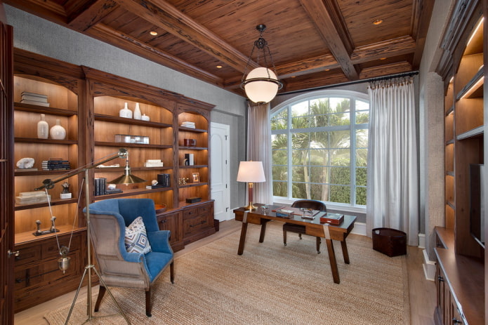 wooden ceiling in the study interior