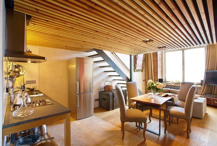 wooden slat ceiling in the kitchen