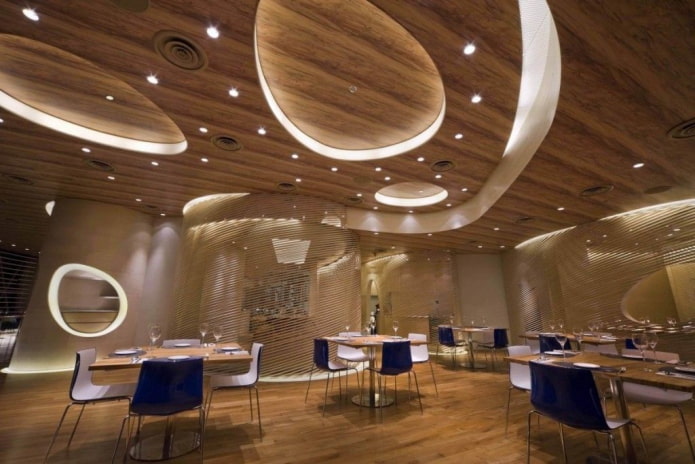 multi-level wooden ceiling structure