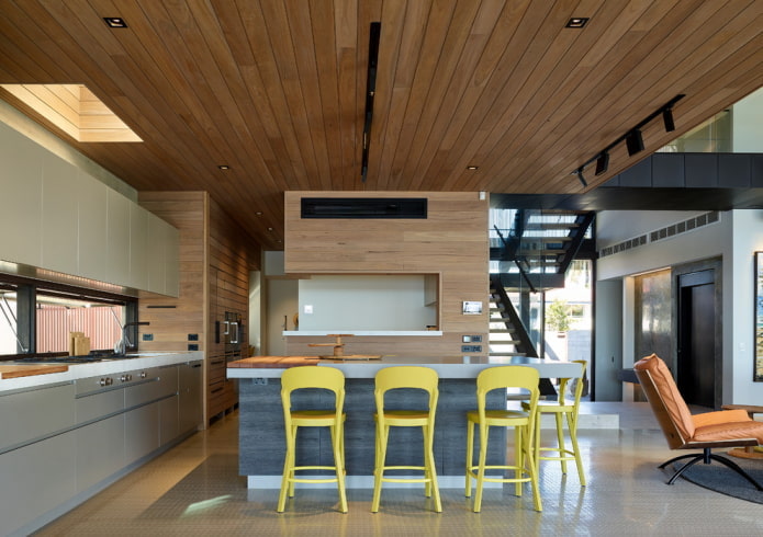 wooden ceiling in the kitchen interior