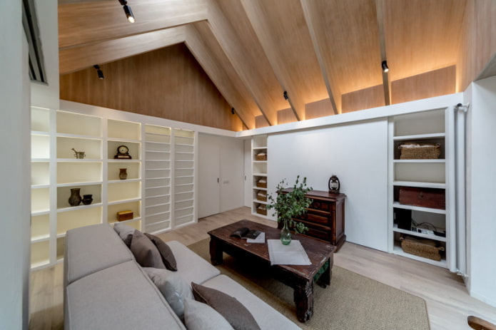 wooden ceiling in the attic