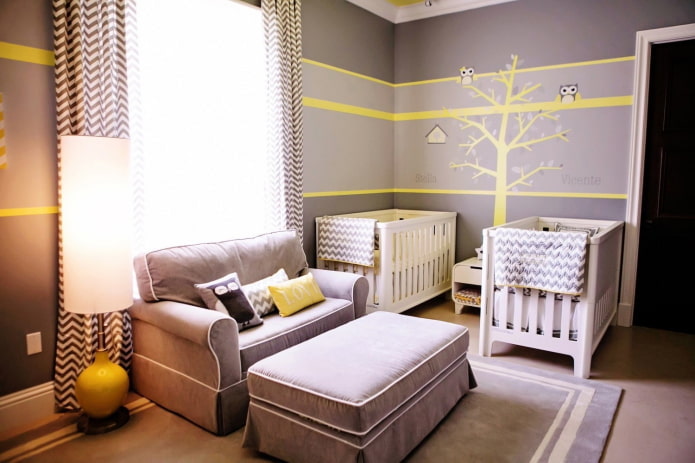 Grey and yellow nursery for twins
