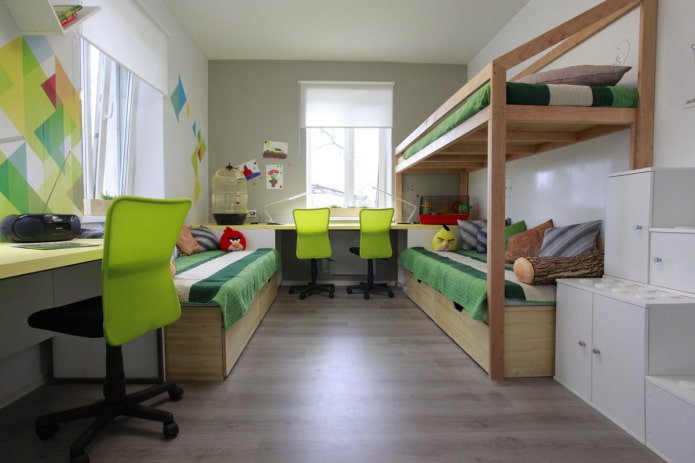interior of a bedroom for three boys