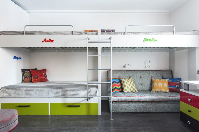 interior of a bedroom for three boys