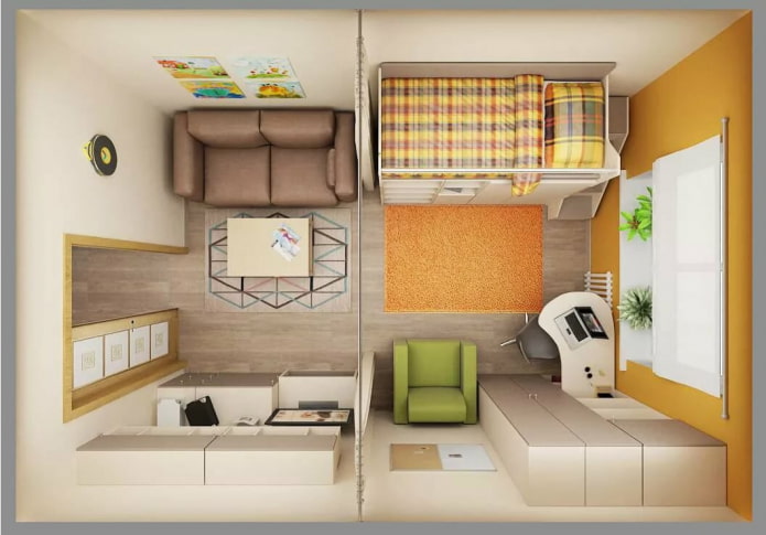 Children's room and living room in a one-room apartment