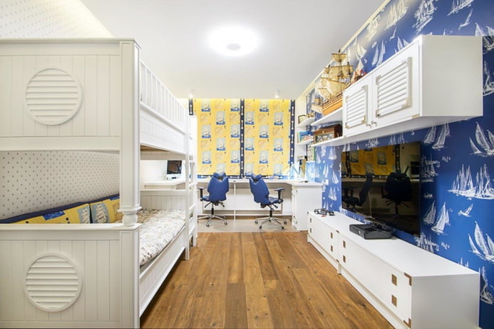 furniture in the interior of a children's room in a marine style