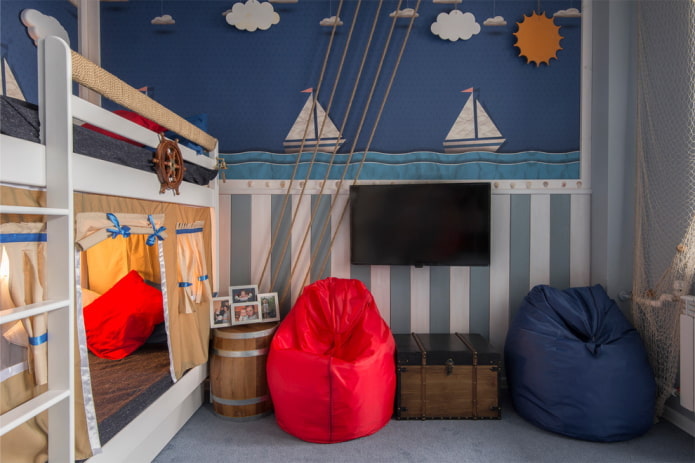 furniture in the interior of a children's room in a marine style