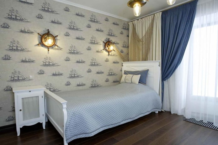 decor and textiles in the interior of a children's room in a marine style