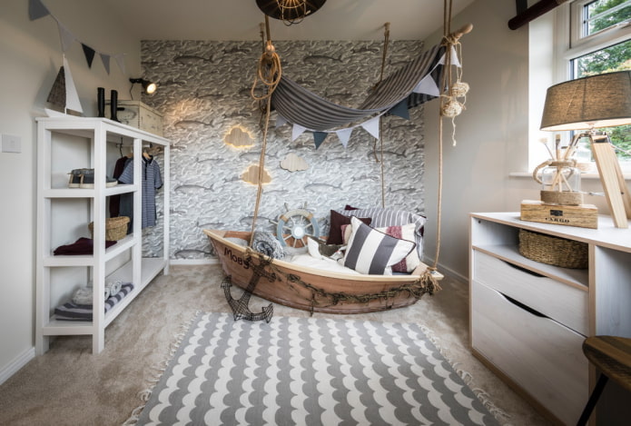 furniture in the interior of the nursery in the marine style