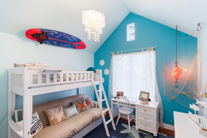 decor and textiles in the interior of a children's room in a marine style