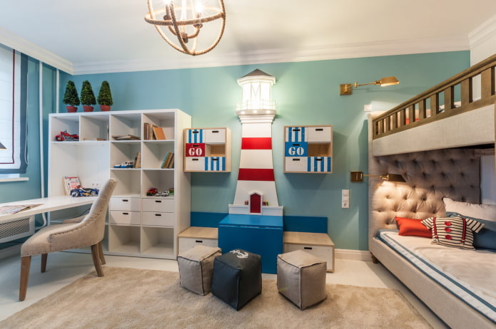 decor and textiles in the interior of a children's room in a marine style